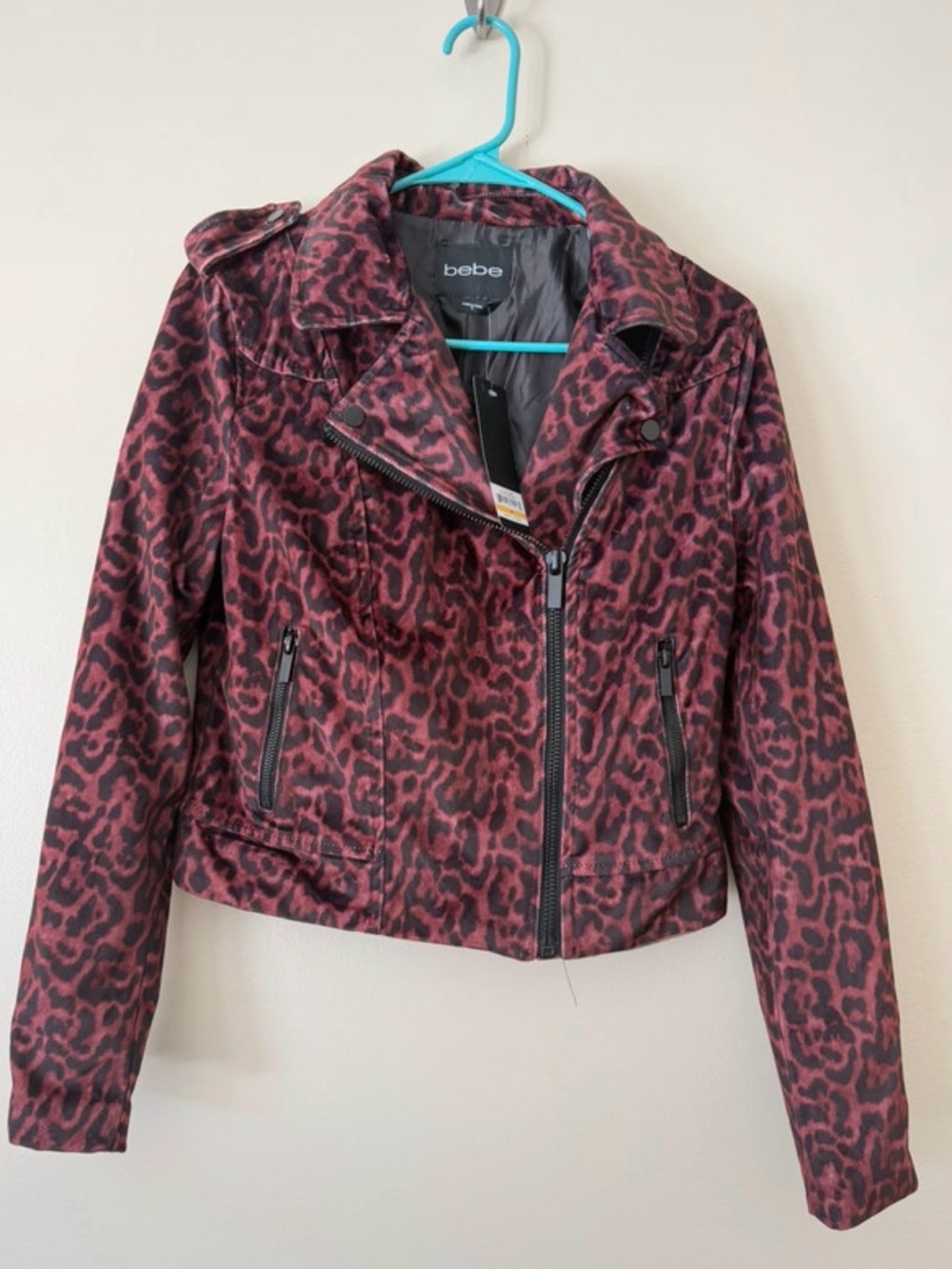 bebe Burgundy Leopard Print Moto Jacket